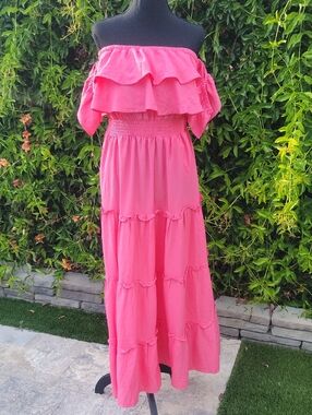 Flowy Off-Shoulder Pink Maxi Ruffle Southern Bell Vibe Maxi Dress L